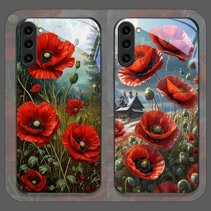 Samsung Galaxy S24 - เคสโทรศัพท์มือถือลายดอกป๊อปปี้เรโทรสีแดงสดพิมพ์บนกระจกนิรภัยสำหรับ Samsung Galaxy S26 S25 Ultra